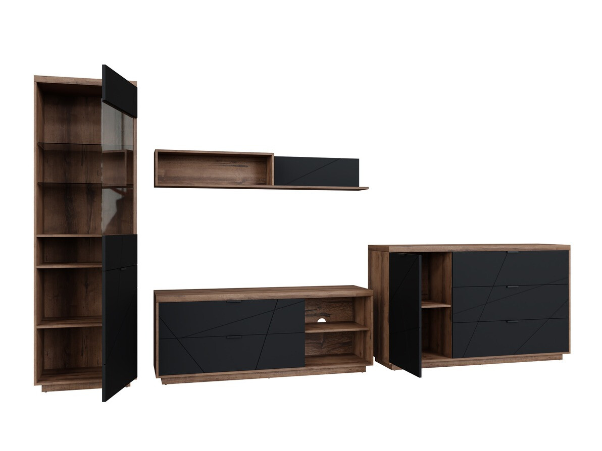 Parete attrezzata Fivale 114 (Rovere delano scuro + Nero opaco)