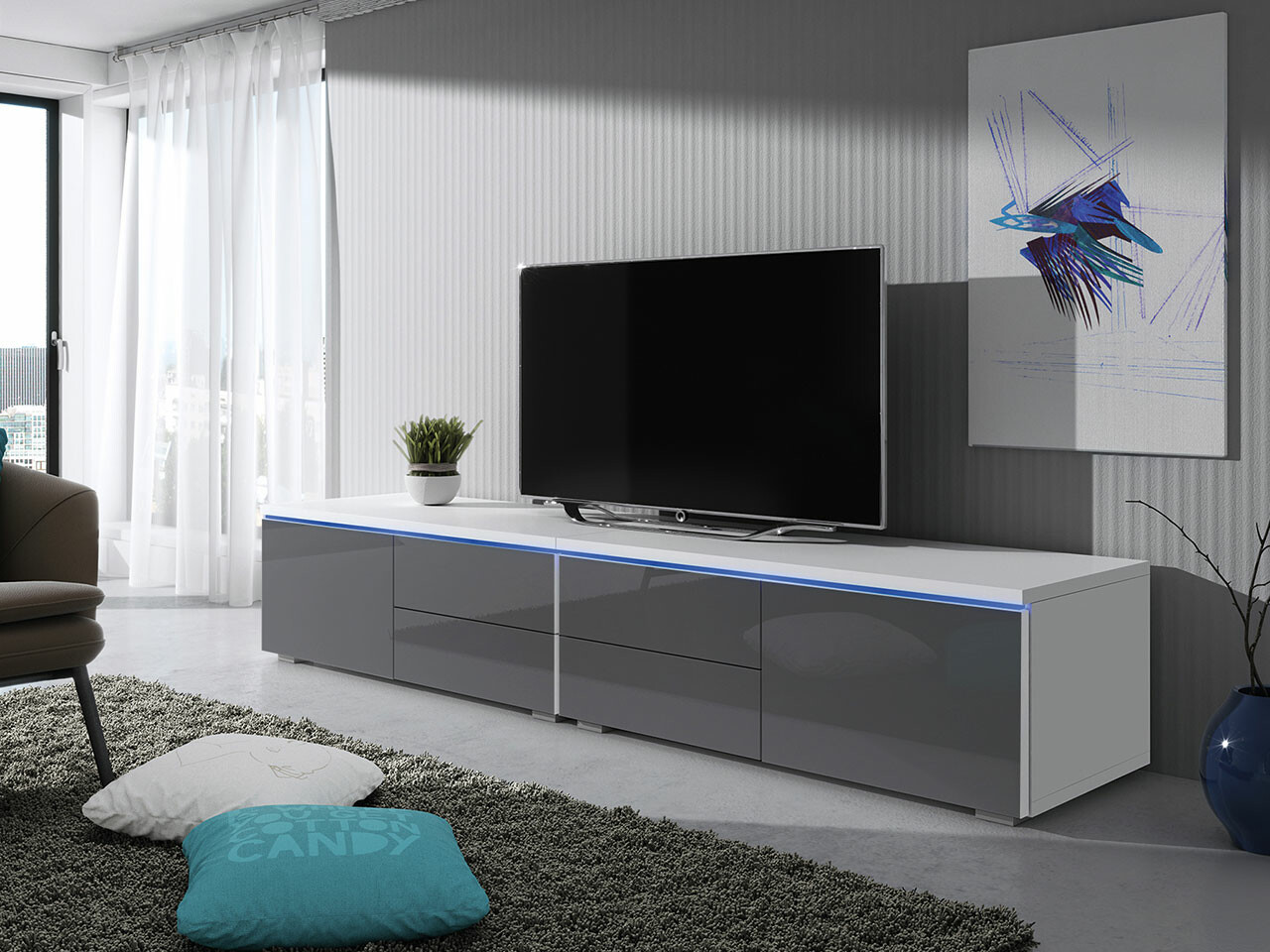 Mobile porta TV Hortus (Bianco + Grigio lucido)