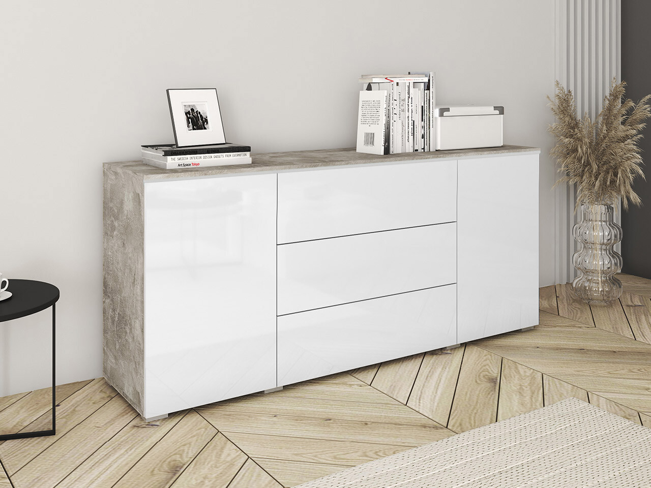 Cassettiera Mirfivo 102 (Calcestruzzo + Bianco lucido)