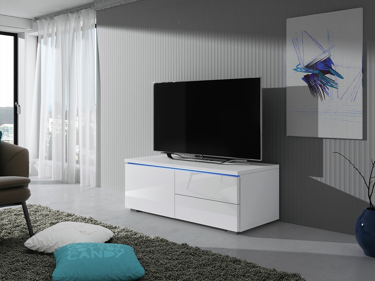 Mobile porta TV Uva VI (Bianco + Bianco lucido)