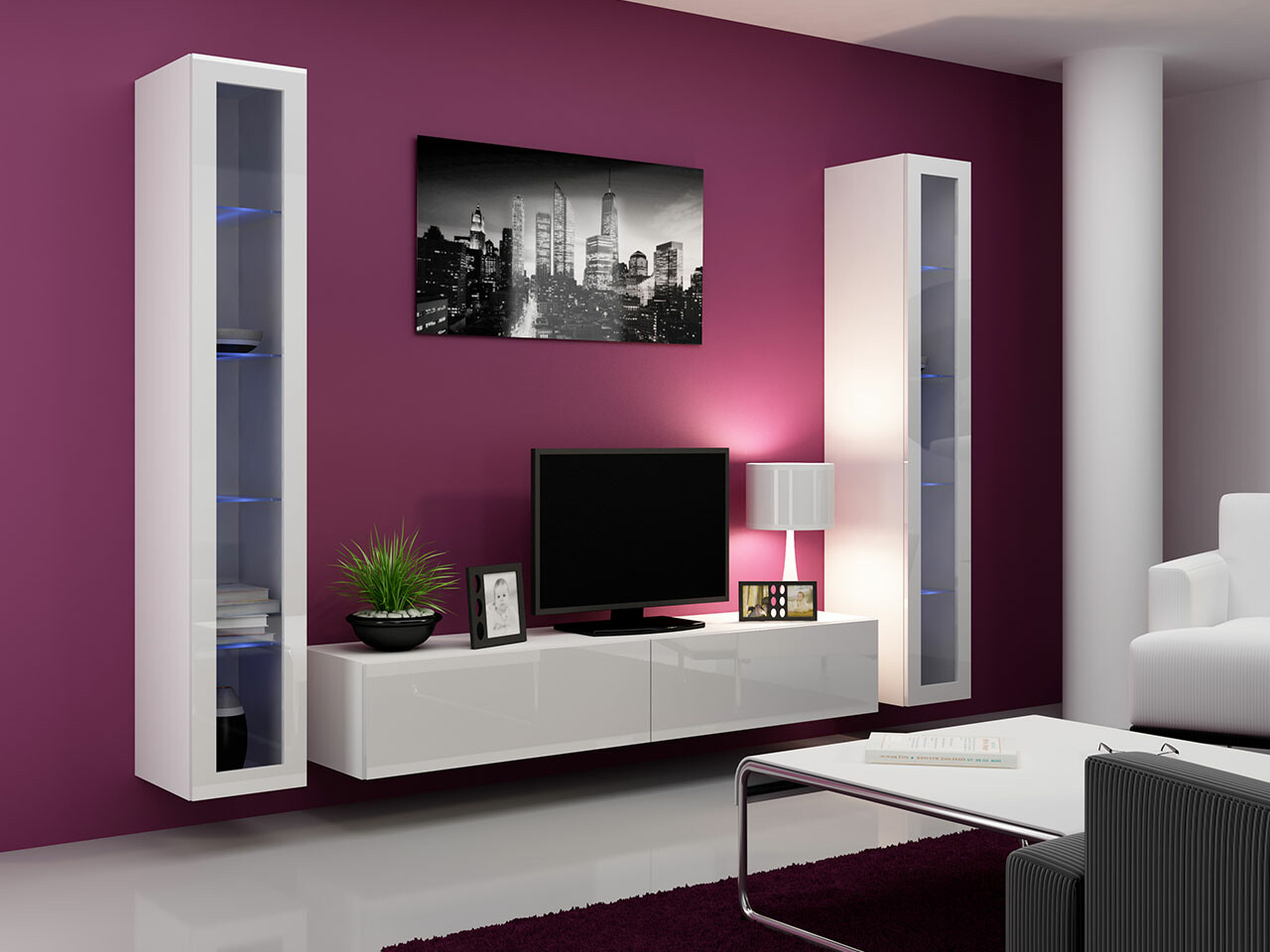 Set mobili soggiorno Venenou 140 (Bianco + Bianco lucido)