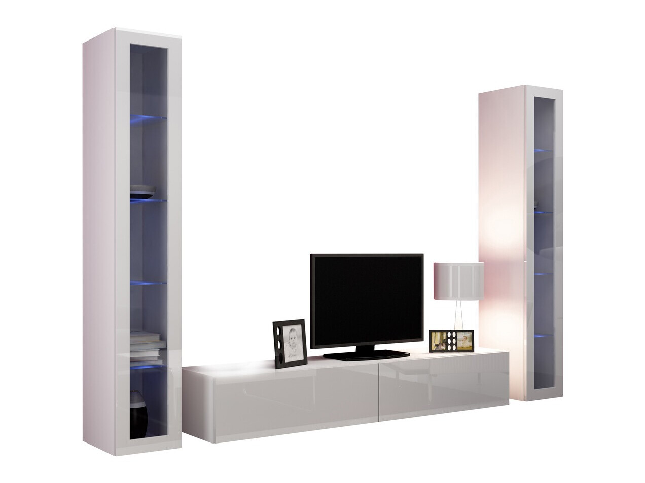 Set mobili soggiorno Venenou 140 (Bianco + Bianco lucido)