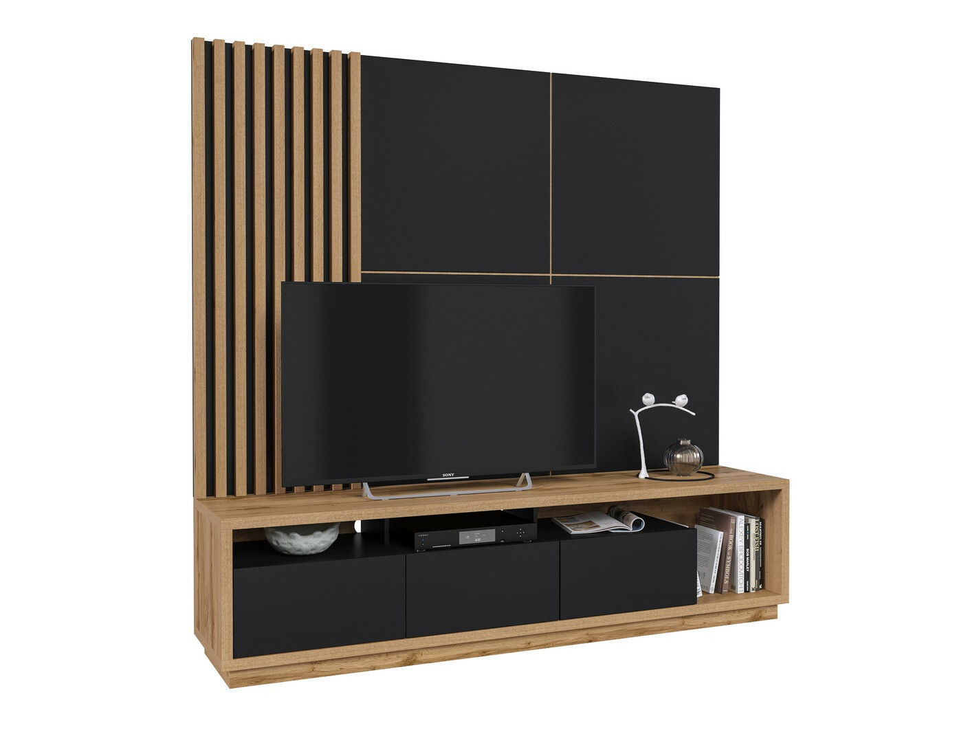 Parete attrezzata Austin 360 (Quercia di Wotan + Nero + Nero opaco)