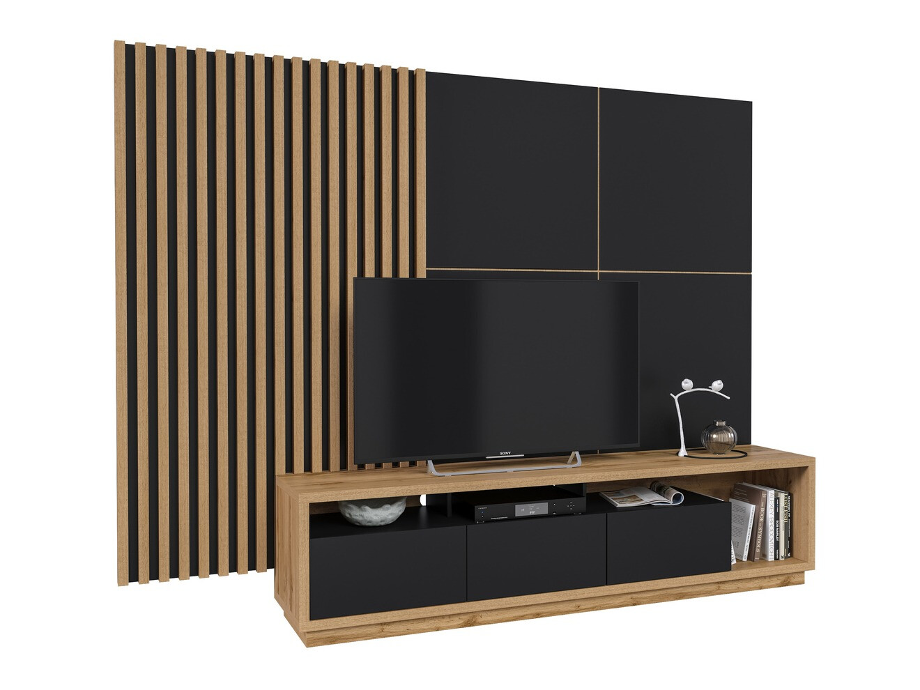 Parete attrezzata Austin 362 (Quercia di Wotan + Nero opaco + Nero)