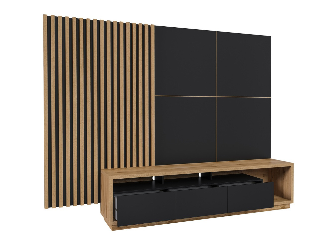 Parete attrezzata Austin 362 (Quercia di Wotan + Nero opaco + Nero)