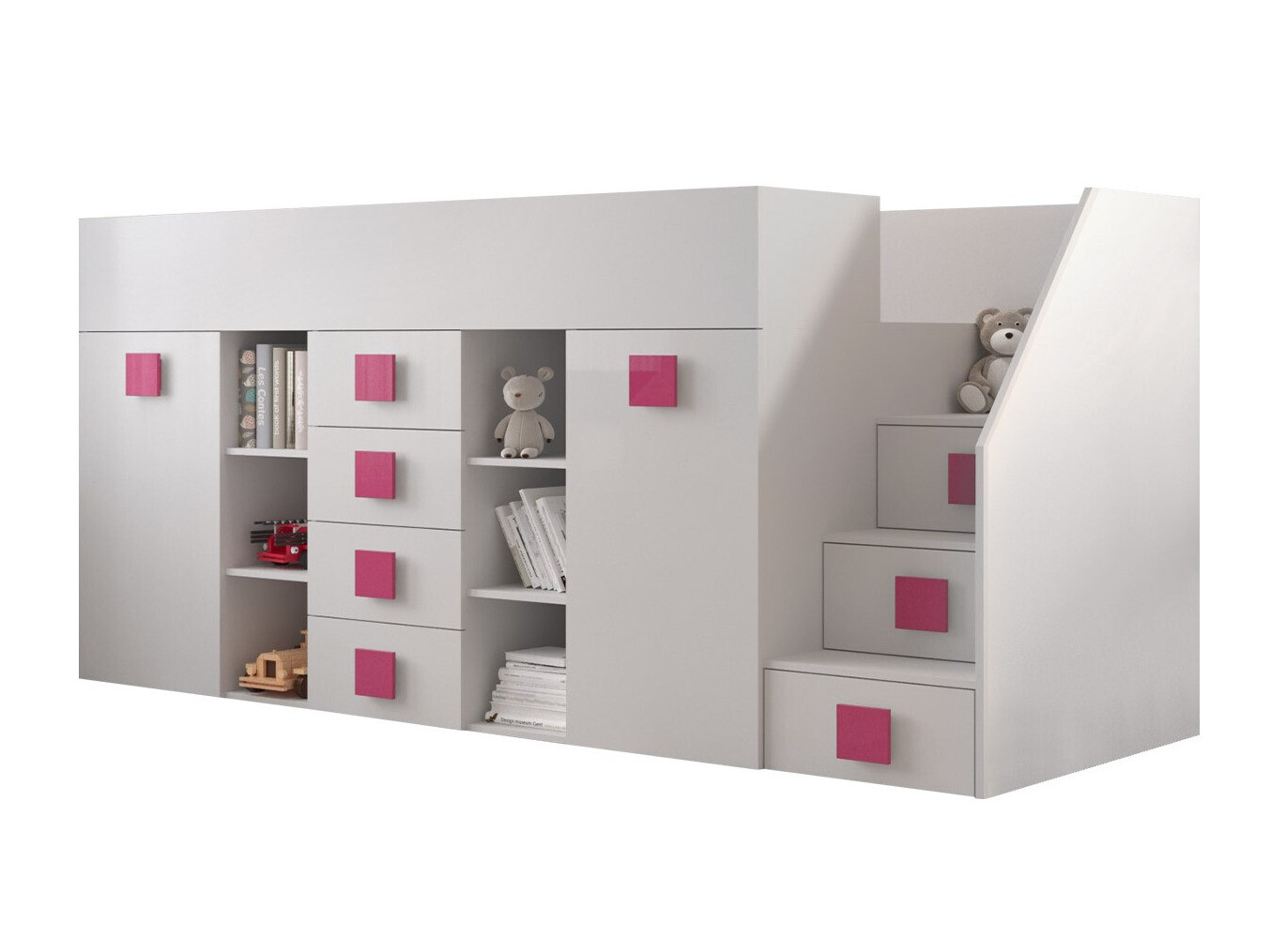 Letto alto Hartford 366 (Bianco + Bianco lucido + Fucsia)