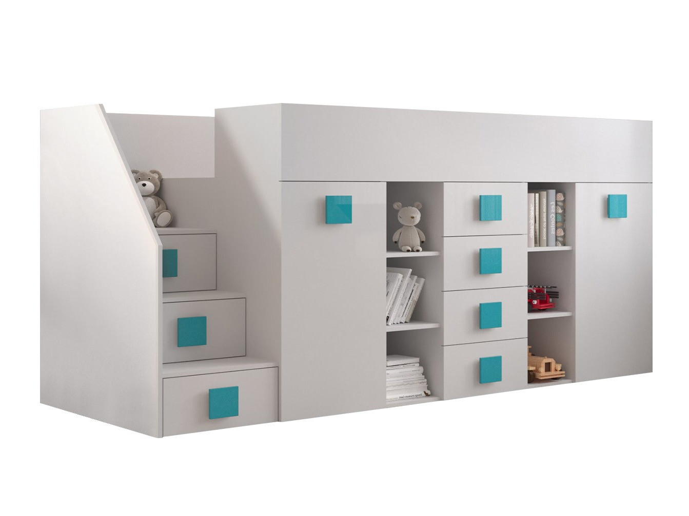 Letto alto Hartford 366 (Bianco + Bianco lucido + Turchese)