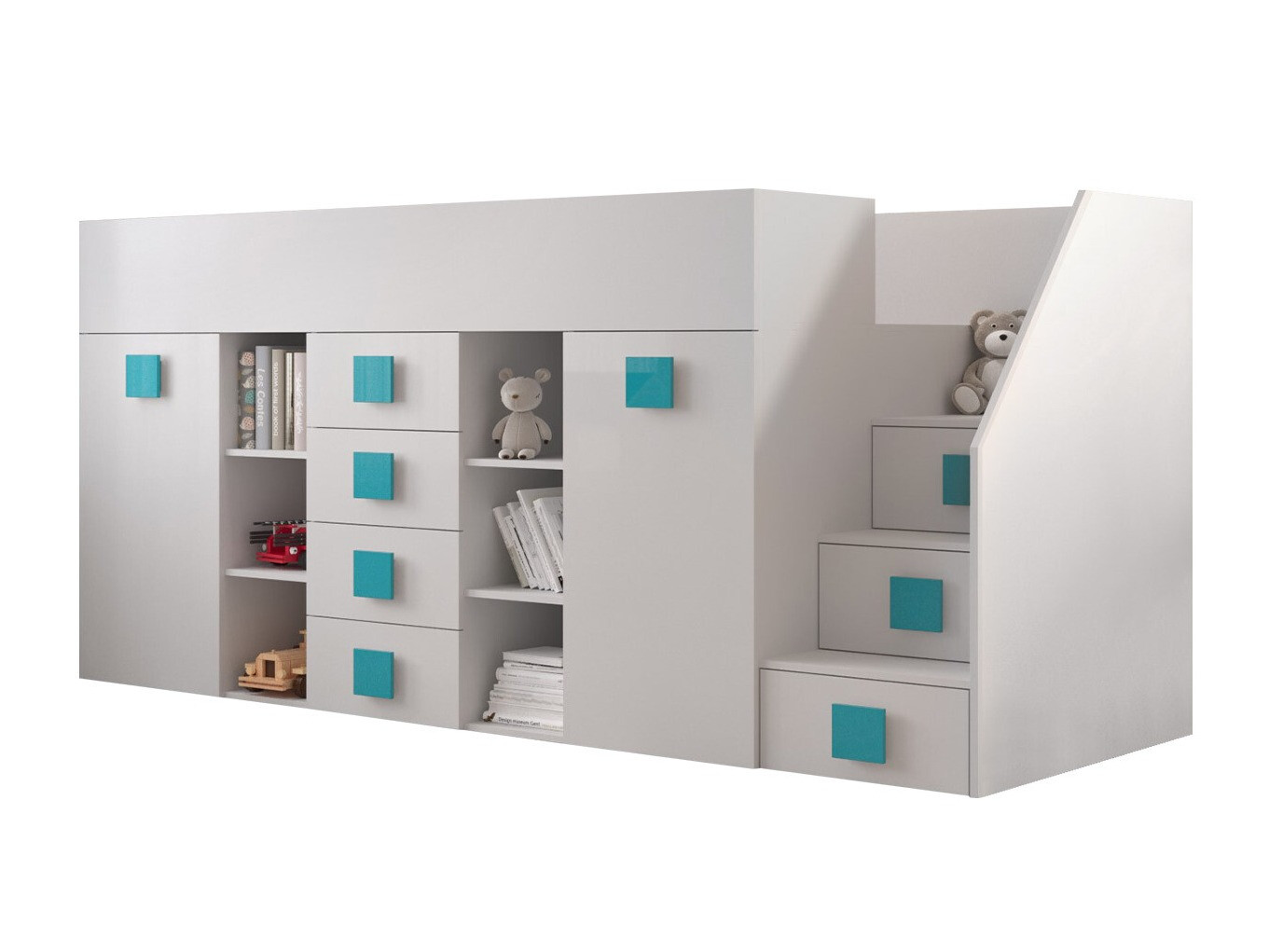 Letto alto Hartford 366 (Bianco + Bianco lucido + Turchese)
