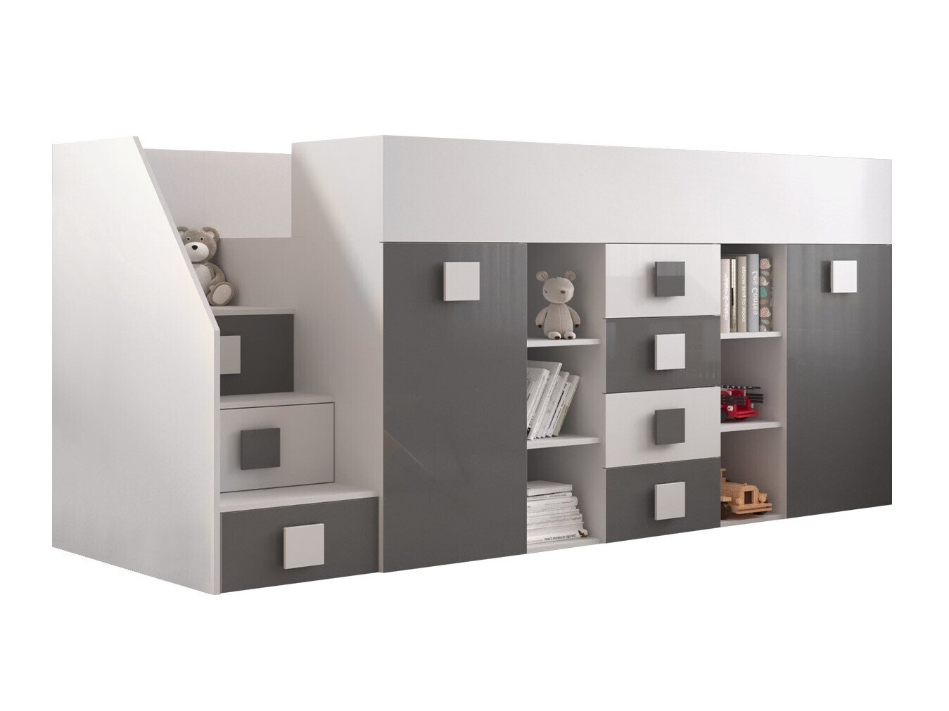 Letto alto Hartford 366 (Bianco + Grigio lucido + Bianco lucido)