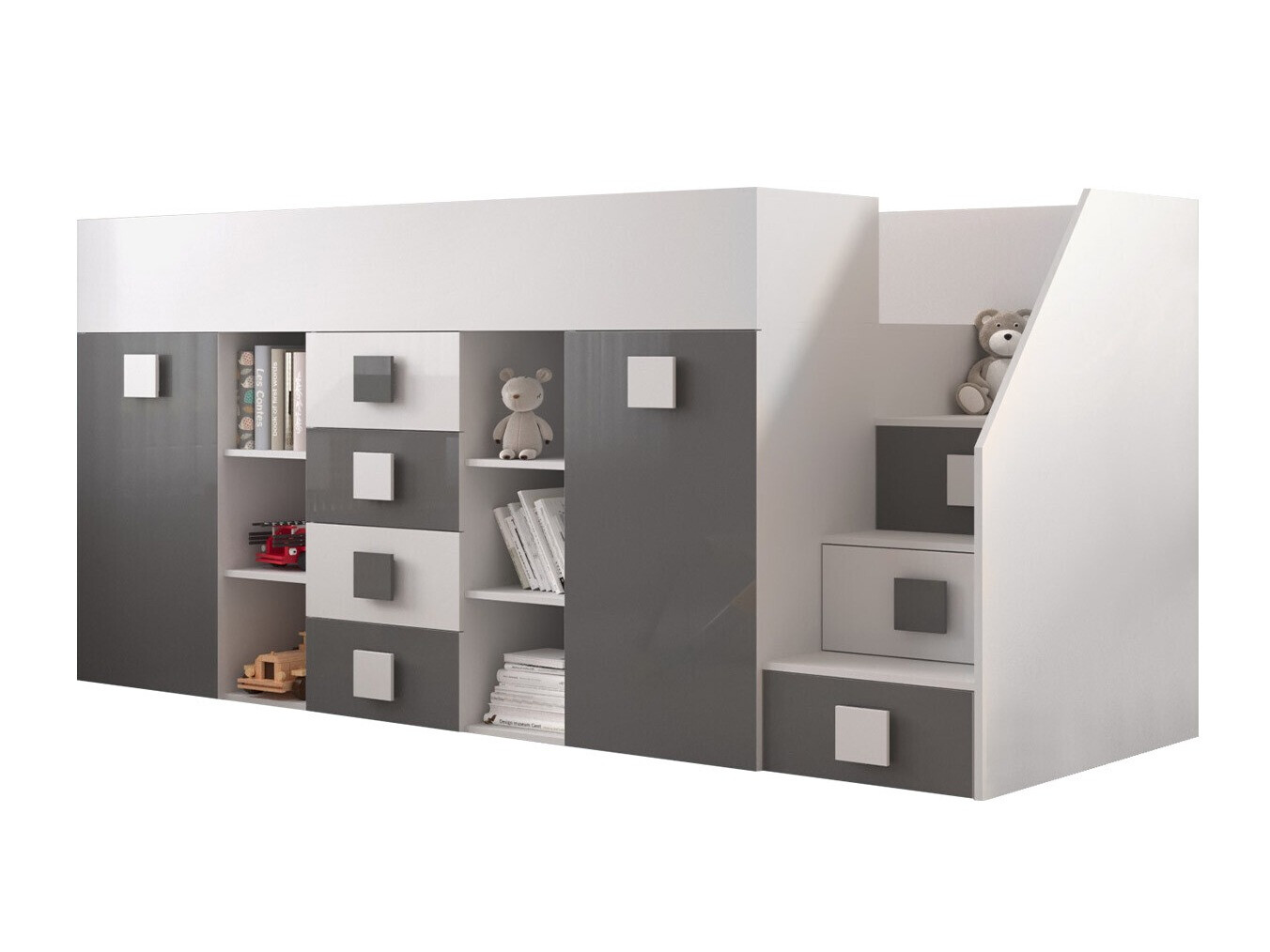 Letto alto Hartford 366 (Bianco + Grigio lucido + Bianco lucido)