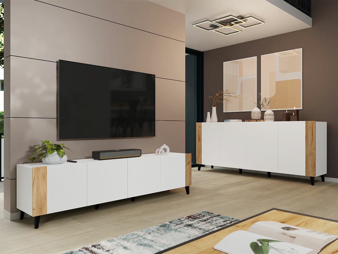 Parete attrezzata Charlotte 185 (Bianco + Craft quercia)