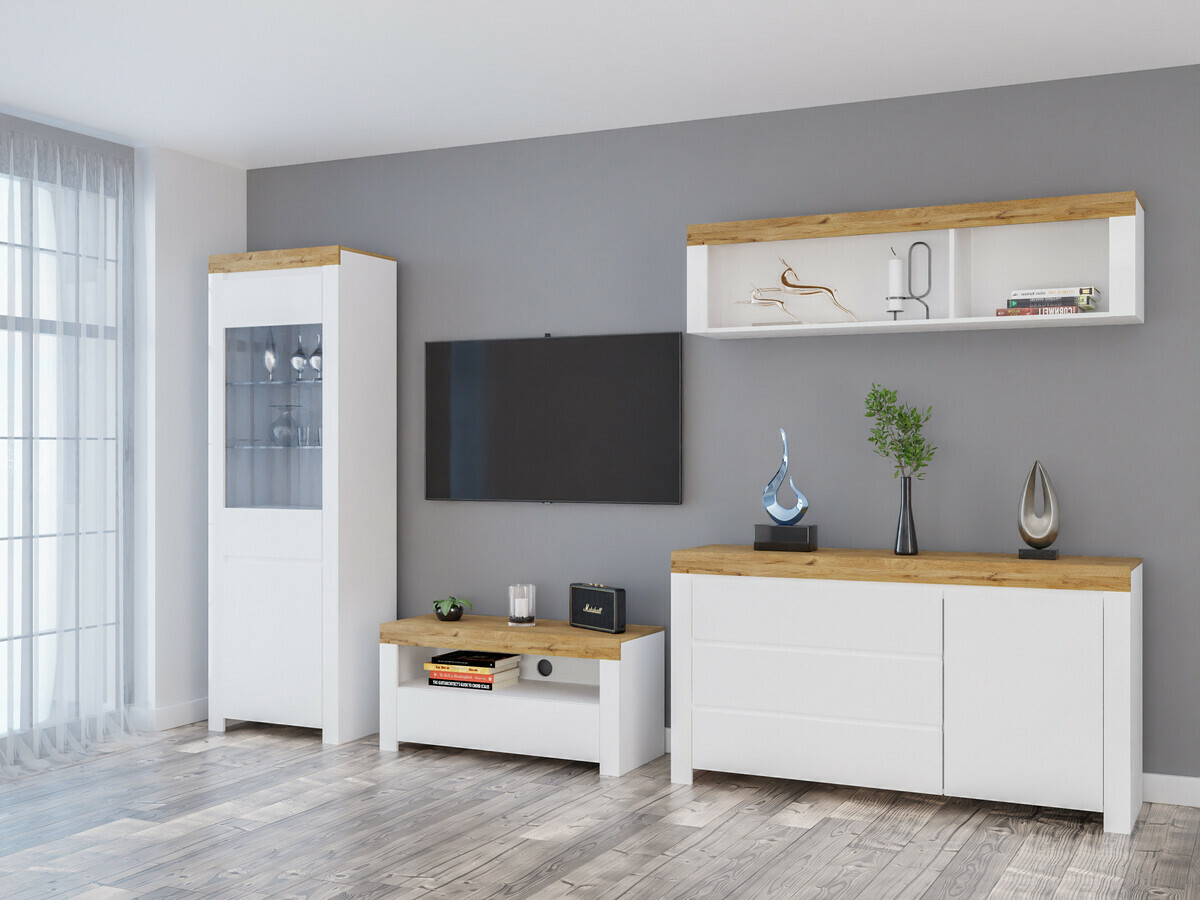 Parete attrezzata Sonsoru 144 (Bianco + Bianco lucido + Quercia di Wotan)