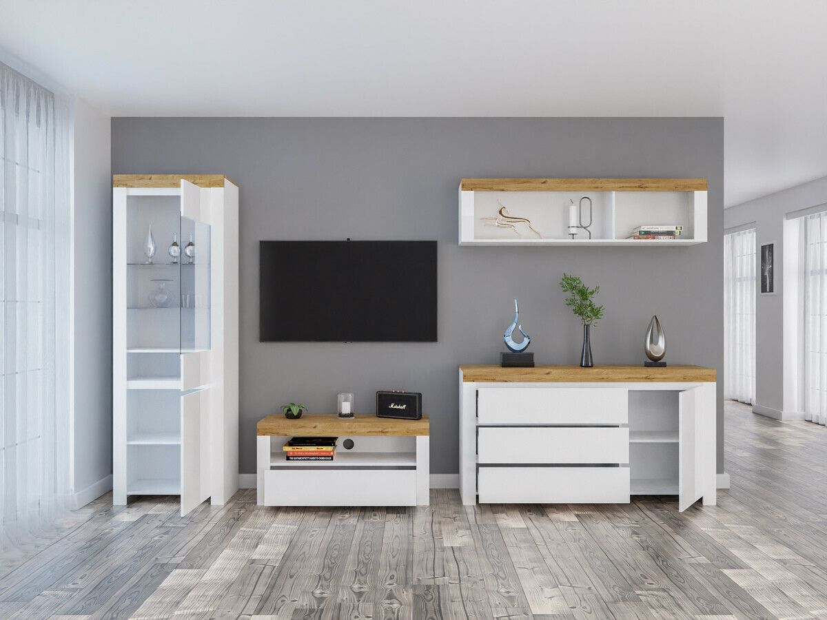 Parete attrezzata Sonsoru 144 (Bianco + Bianco lucido + Quercia di Wotan)