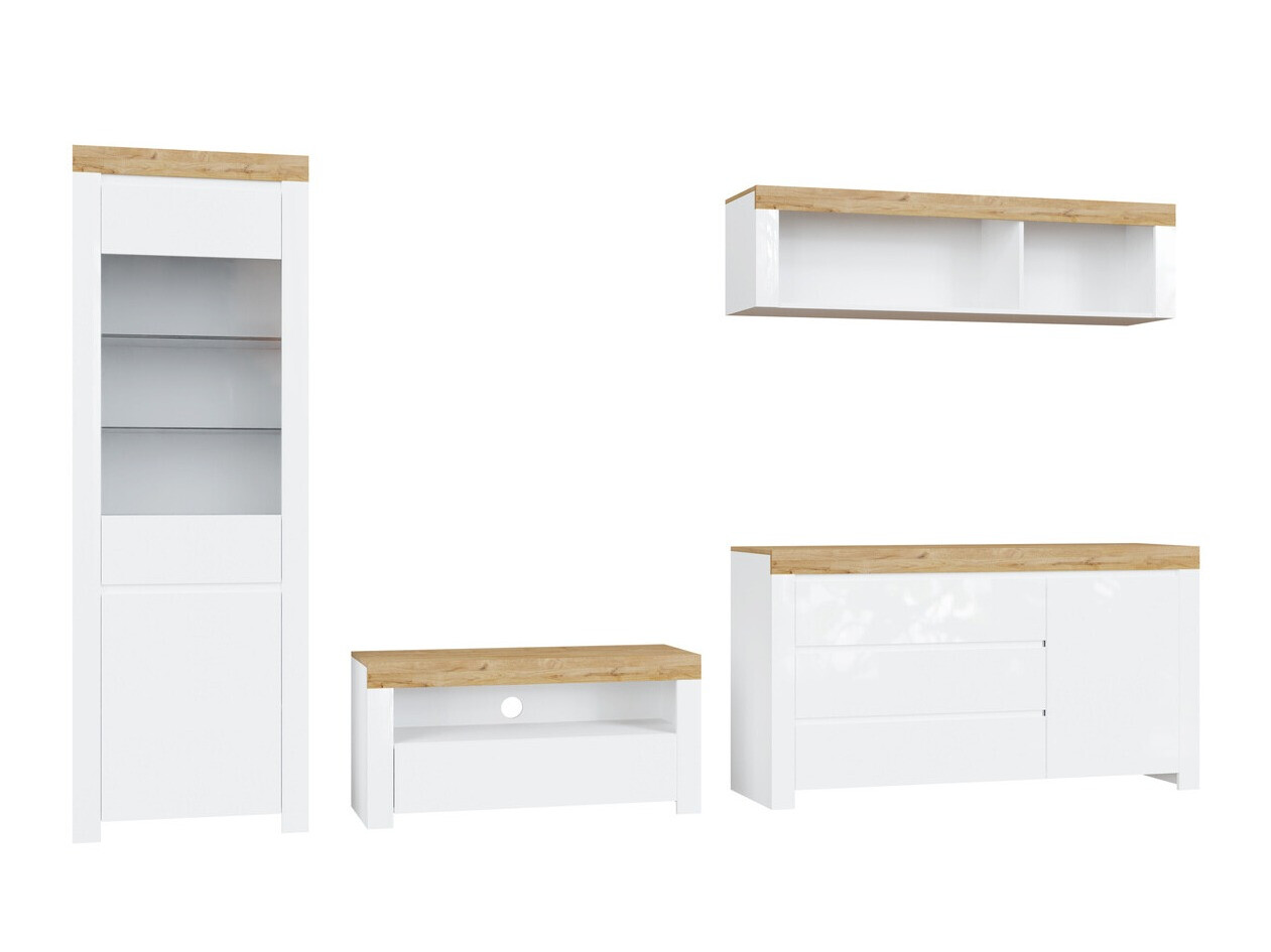 Parete attrezzata Sonsoru 144 (Bianco + Bianco lucido + Quercia di Wotan)