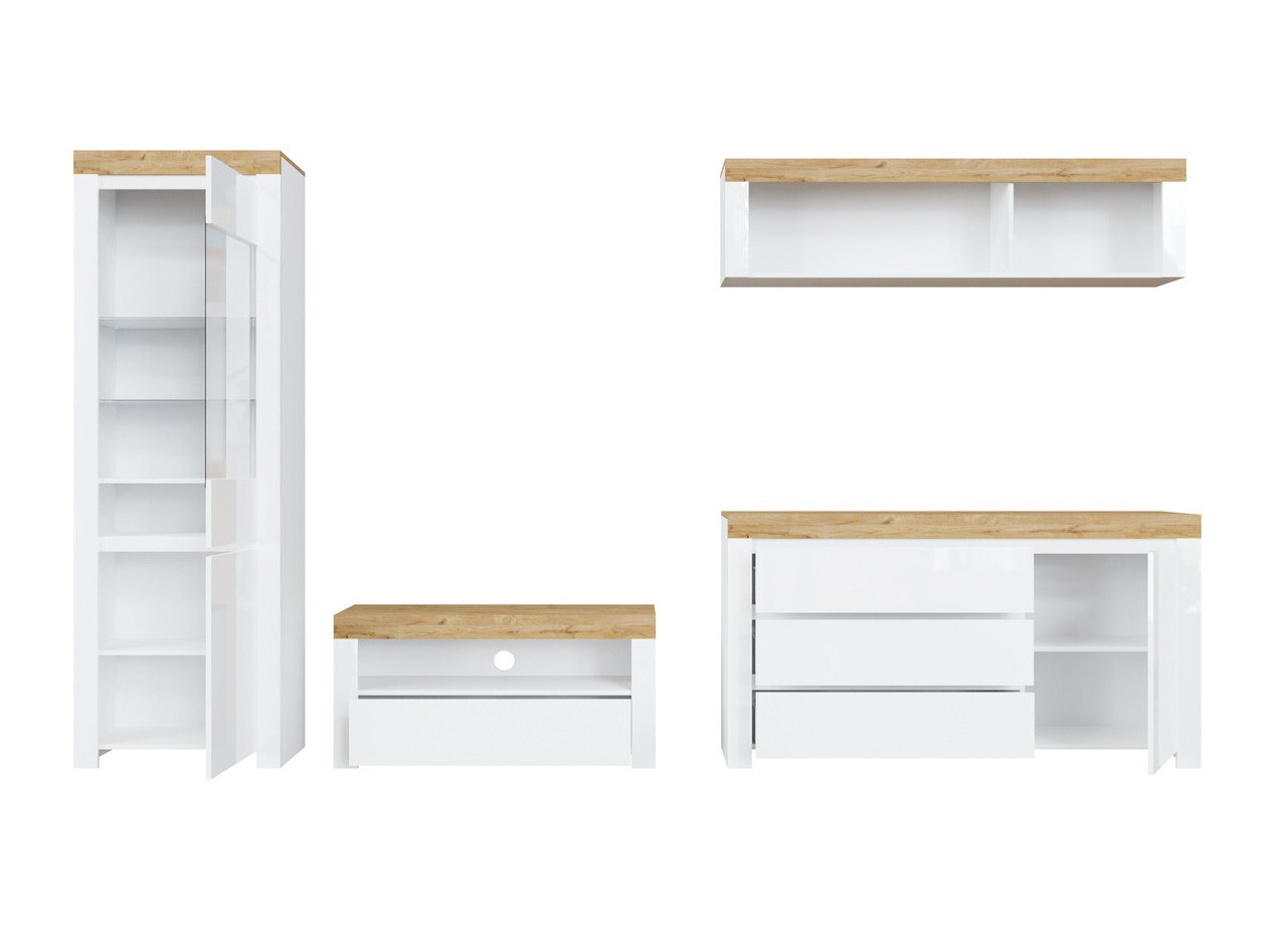 Parete attrezzata Sonsoru 144 (Bianco + Bianco lucido + Quercia di Wotan)