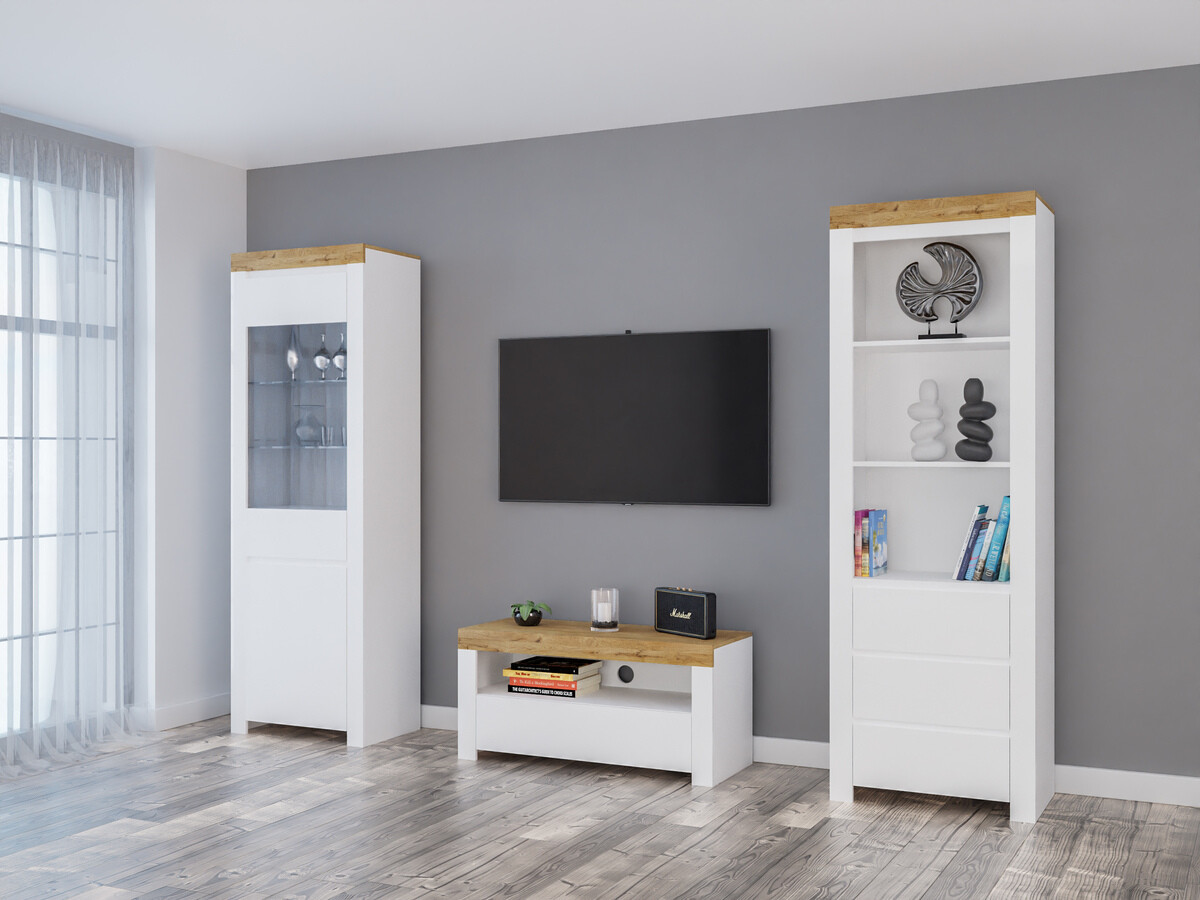 Parete attrezzata Sonsoru 145 (Bianco + Bianco lucido + Quercia di Wotan)