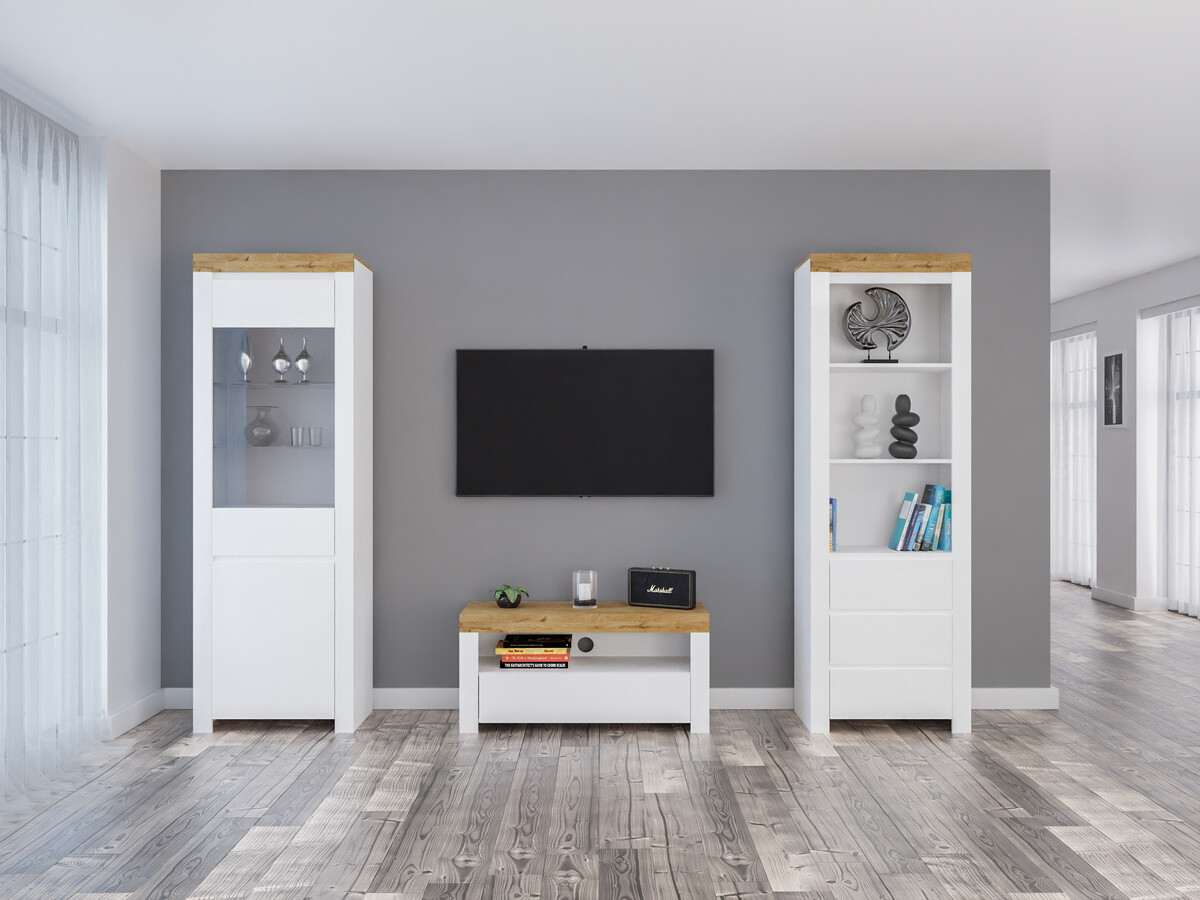 Parete attrezzata Sonsoru 145 (Bianco + Bianco lucido + Quercia di Wotan)