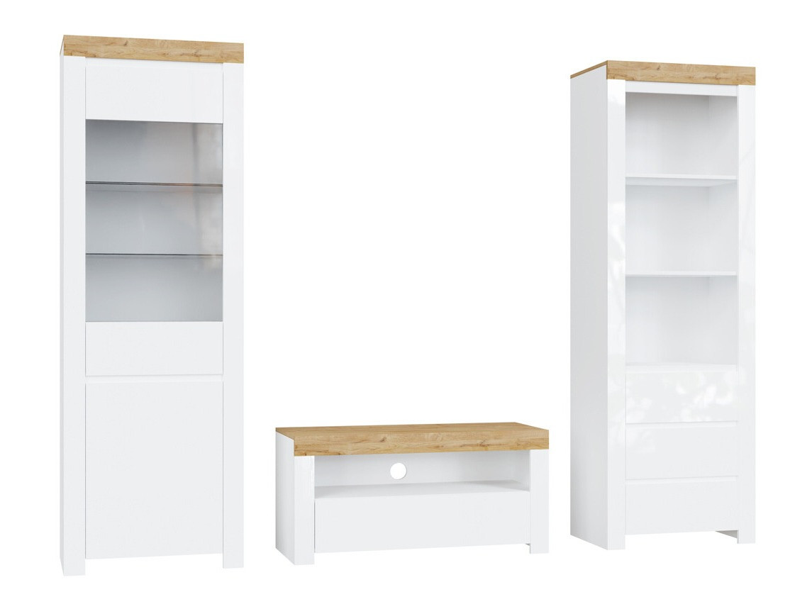 Parete attrezzata Sonsoru 145 (Bianco + Bianco lucido + Quercia di Wotan)