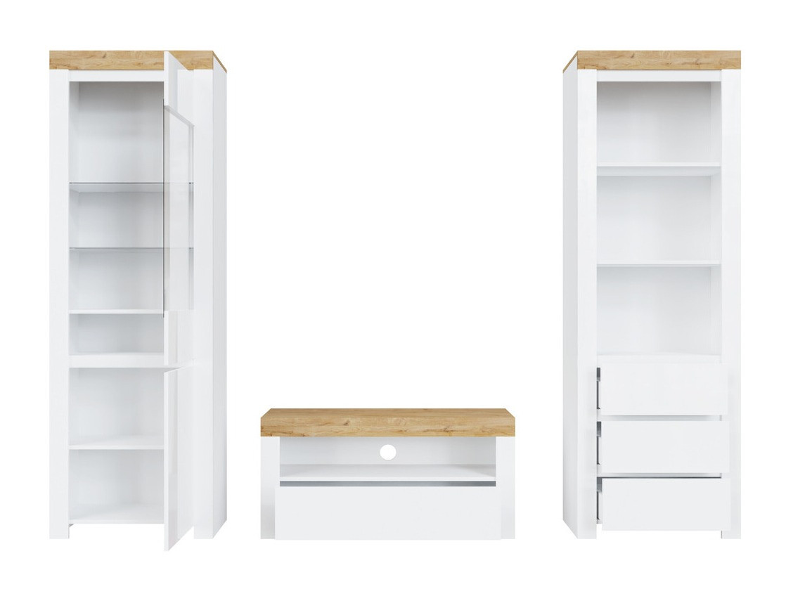 Parete attrezzata Sonsoru 145 (Bianco + Bianco lucido + Quercia di Wotan)