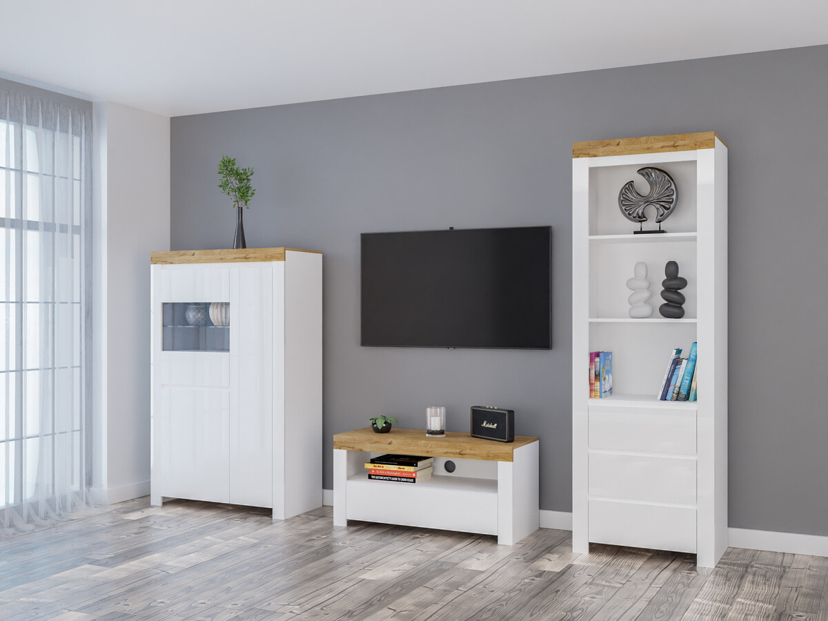 Parete attrezzata Sonsoru 146 (Bianco + Bianco lucido + Quercia di Wotan)