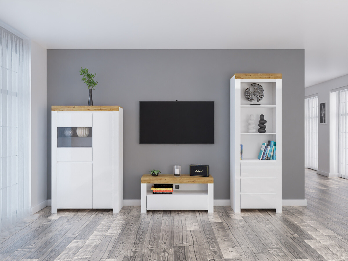 Parete attrezzata Sonsoru 146 (Bianco + Bianco lucido + Quercia di Wotan)