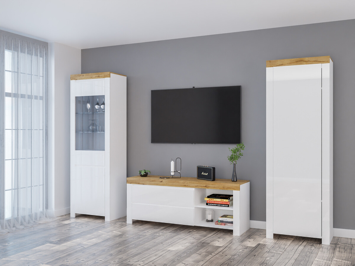 Parete attrezzata Sonsoru 148 (Bianco + Bianco lucido + Quercia di Wotan)