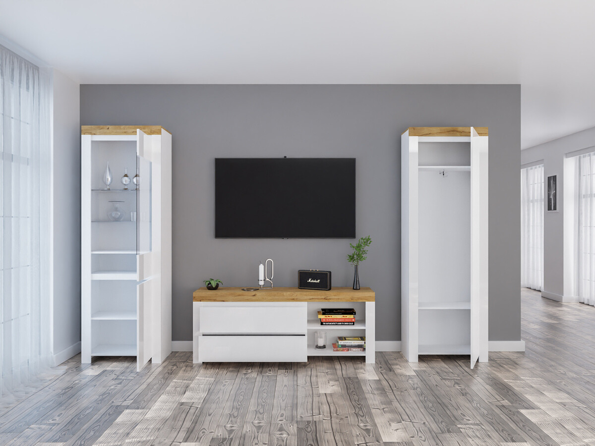 Parete attrezzata Sonsoru 148 (Bianco + Bianco lucido + Quercia di Wotan)