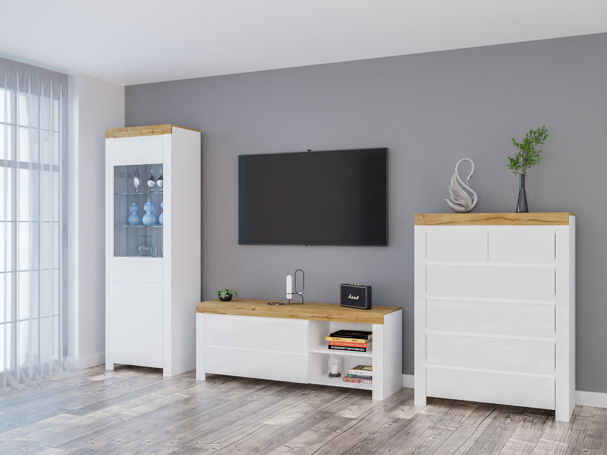 Parete attrezzata Sonsoru 149 (Bianco + Bianco lucido + Quercia di Wotan)