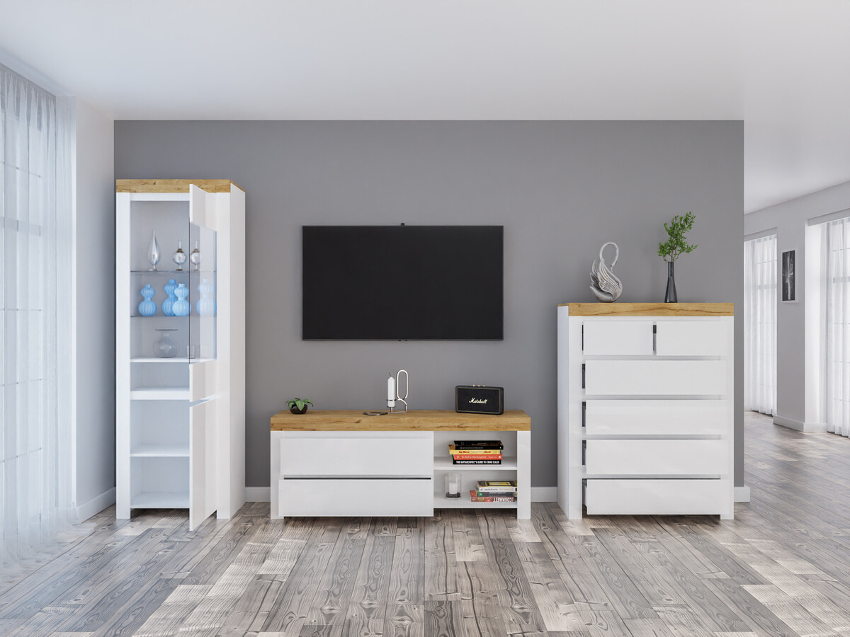 Parete attrezzata Sonsoru 149 (Bianco + Bianco lucido + Quercia di Wotan)