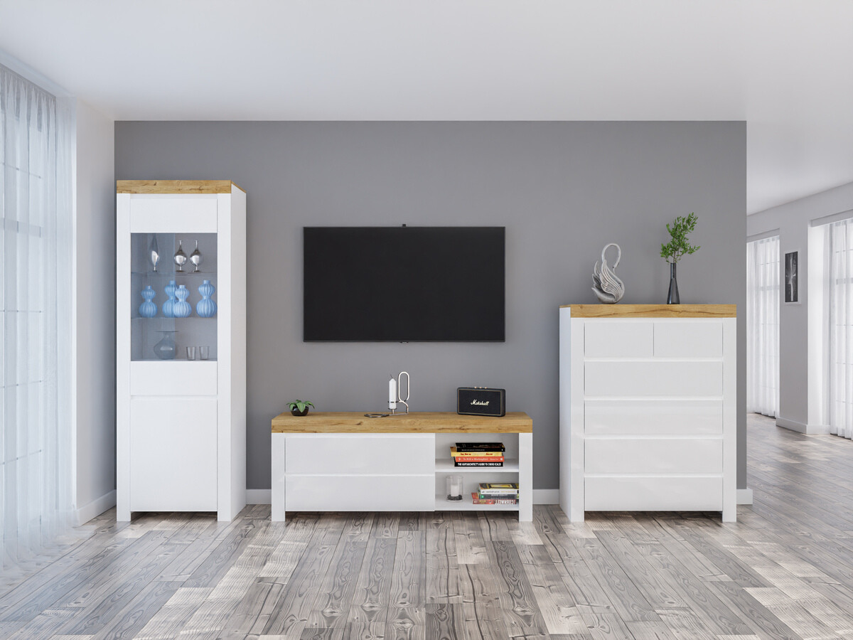 Parete attrezzata Sonsoru 149 (Bianco + Bianco lucido + Quercia di Wotan)