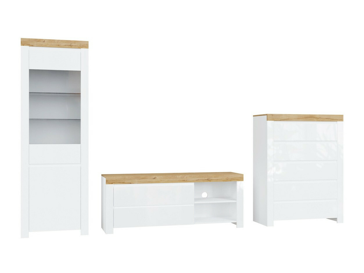 Parete attrezzata Sonsoru 149 (Bianco + Bianco lucido + Quercia di Wotan)