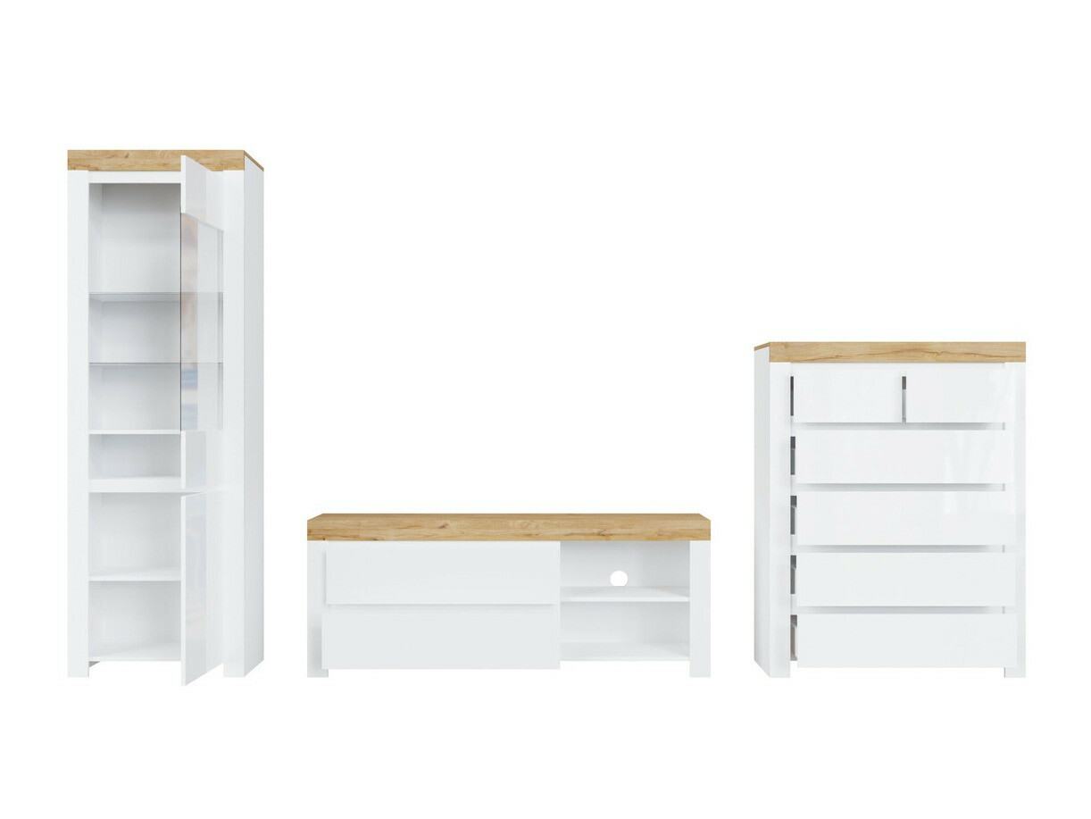 Parete attrezzata Sonsoru 149 (Bianco + Bianco lucido + Quercia di Wotan)