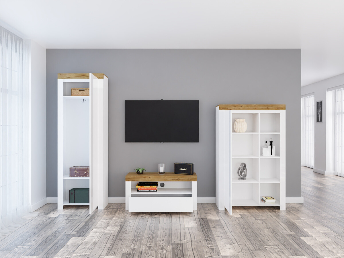 Parete attrezzata Sonsoru 147 (Bianco + Bianco lucido + Quercia di Wotan)