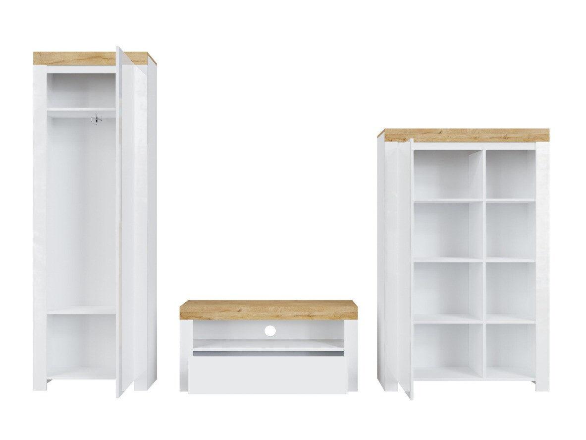 Parete attrezzata Sonsoru 147 (Bianco + Bianco lucido + Quercia di Wotan)