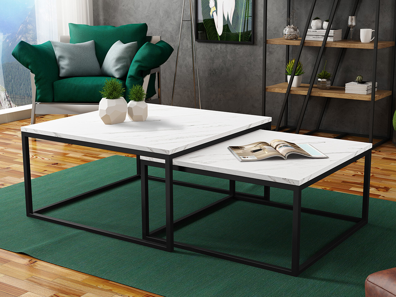 Set tavolino da caffè Oswego 101 (Marmo bianco + Nero)