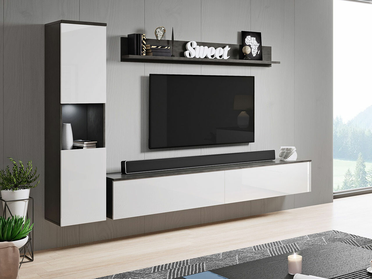 Parete attrezzata Sarasota 130 (Grigio scuro + Bianco lucido)