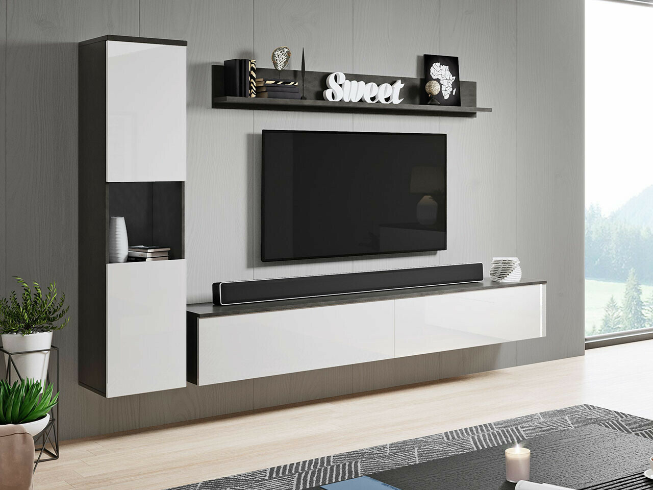 Parete attrezzata Sarasota 130 (Grigio scuro + Bianco lucido)