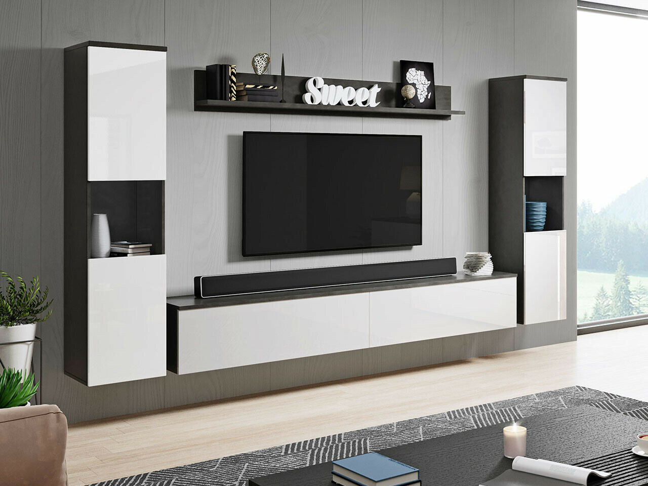 Parete attrezzata Sarasota 131 (Grigio scuro + Bianco lucido)