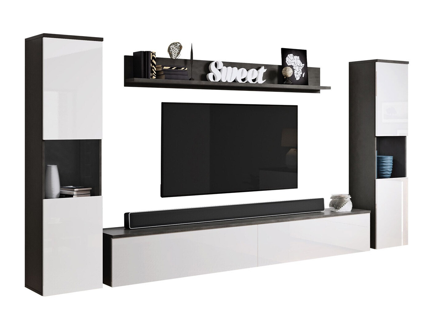 Parete attrezzata Sarasota 131 (Grigio scuro + Bianco lucido)