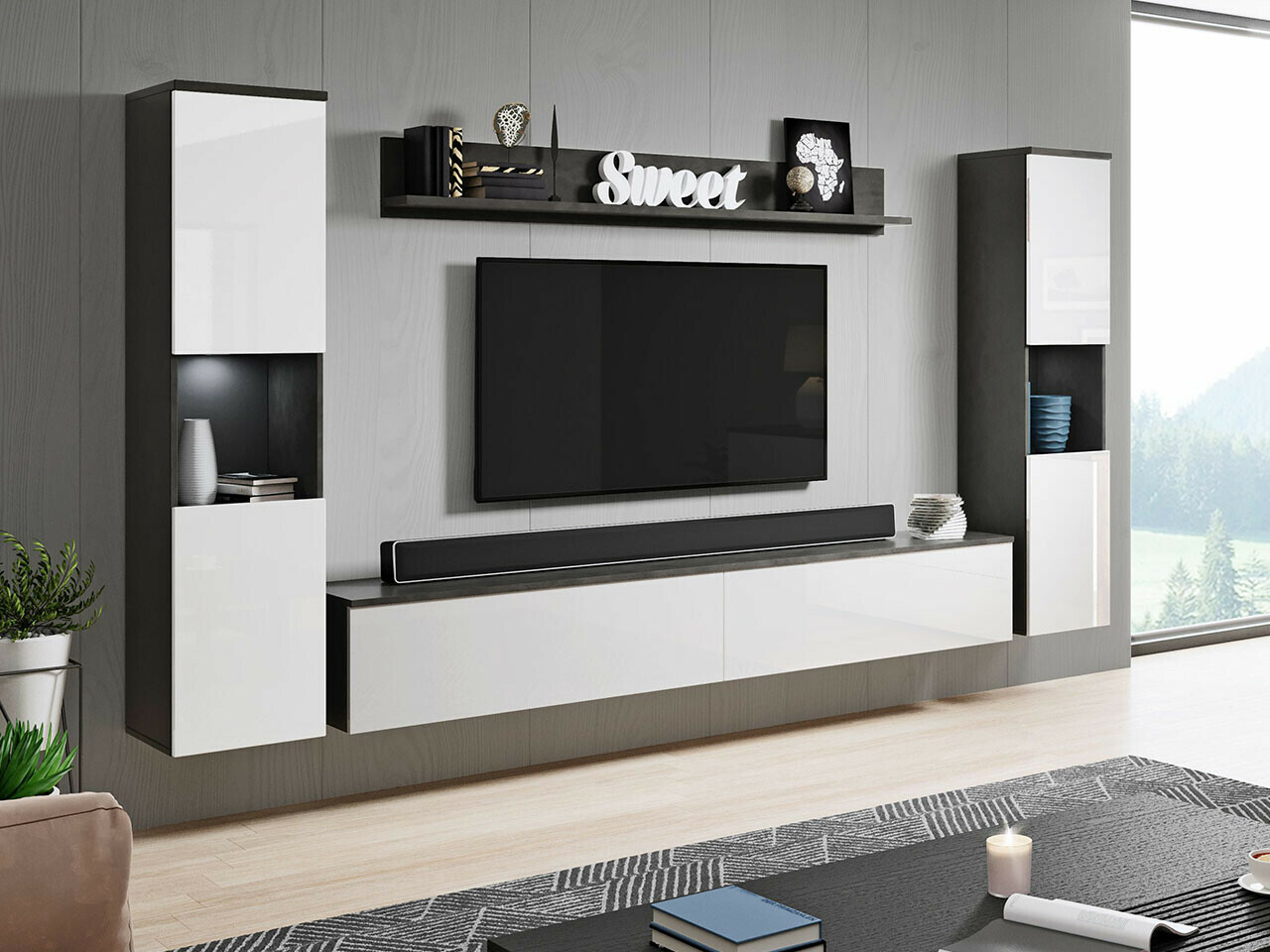 Parete attrezzata Sarasota 131 (Grigio scuro + Bianco lucido)