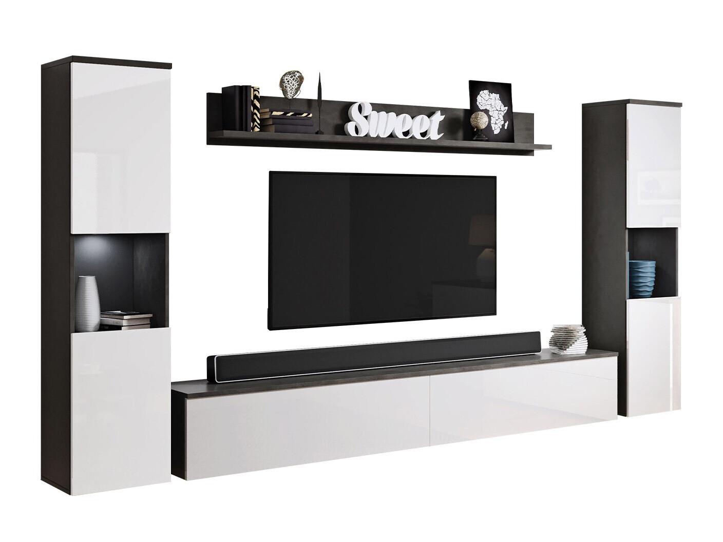 Parete attrezzata Sarasota 131 (Grigio scuro + Bianco lucido)