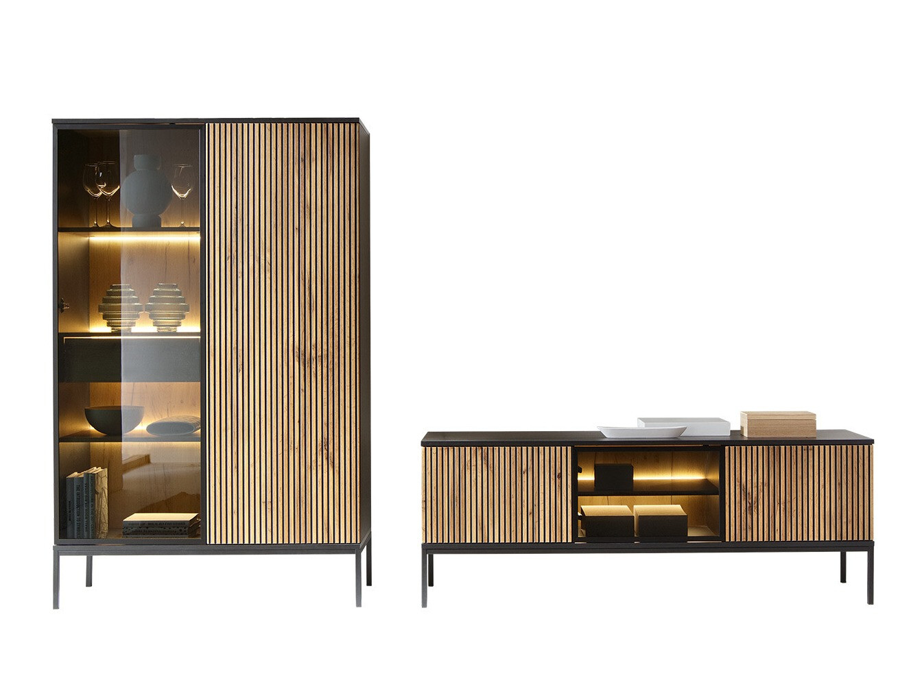 Parete attrezzata Manal I (Nero + Quercia di Wotan)