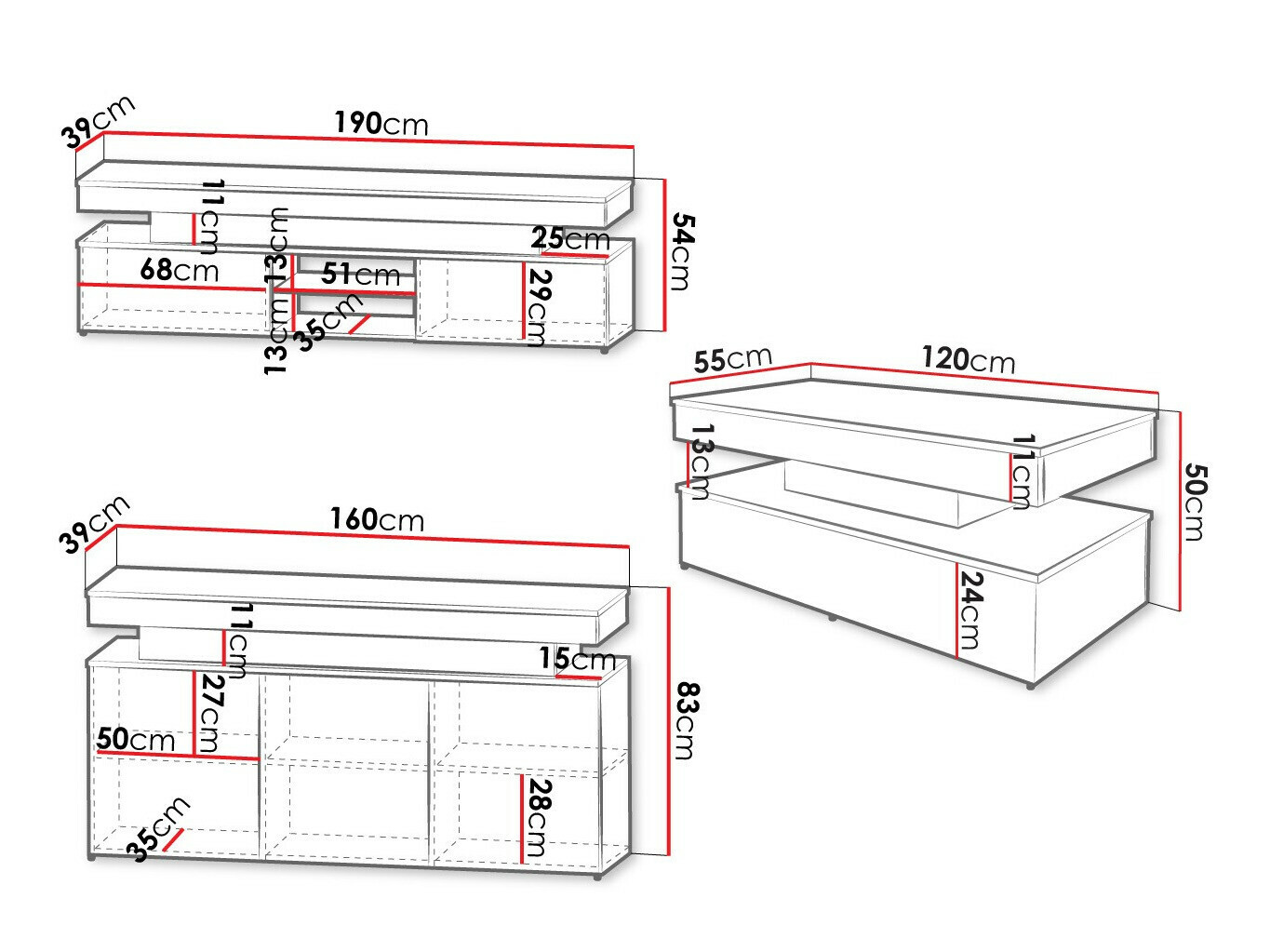 Parete attrezzata Monfero 105 (Nero + Nero lucido)