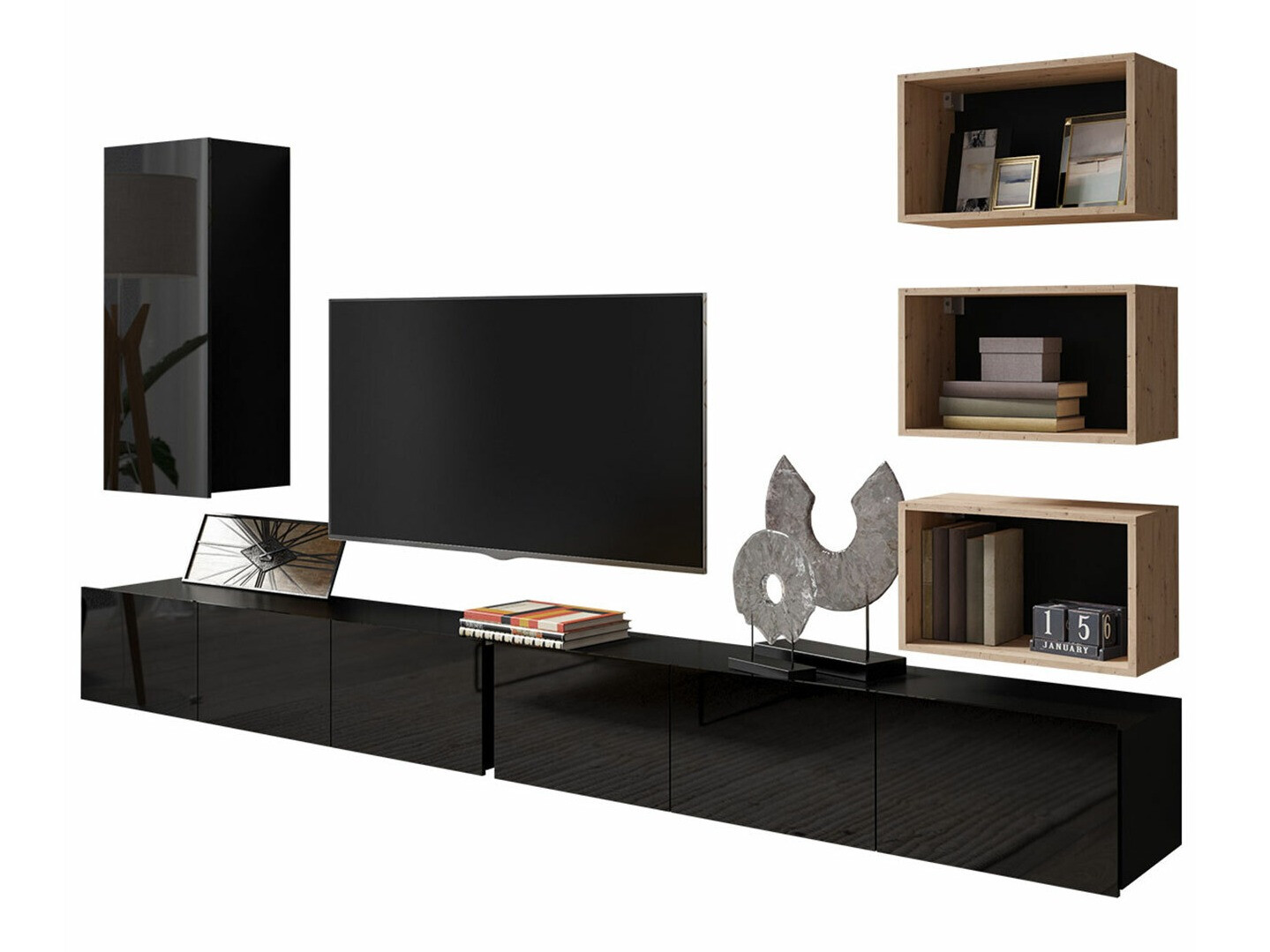 Set mobili soggiorno Tivdalu 156 (Nero + Nero lucido + Rovere Artisan)