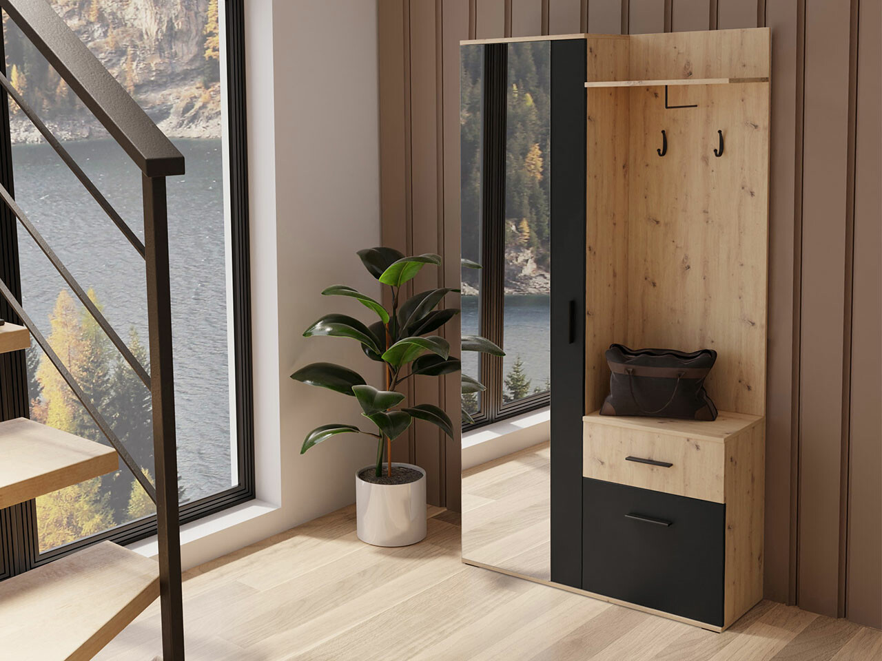 Set arredo da corridoio Pavo (Rovere Artisan + Nero)