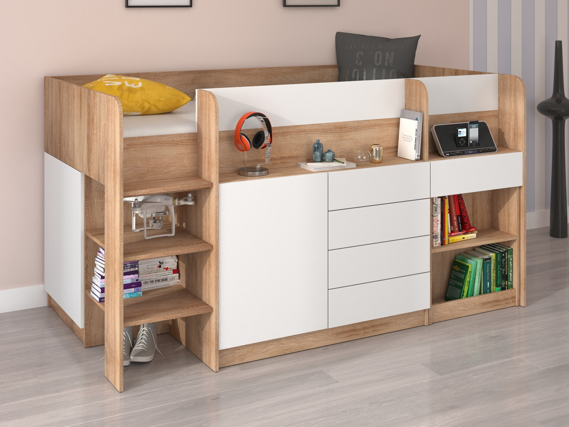 Letto alto Gilroy 116 (Sonoma quercia + Bianco)