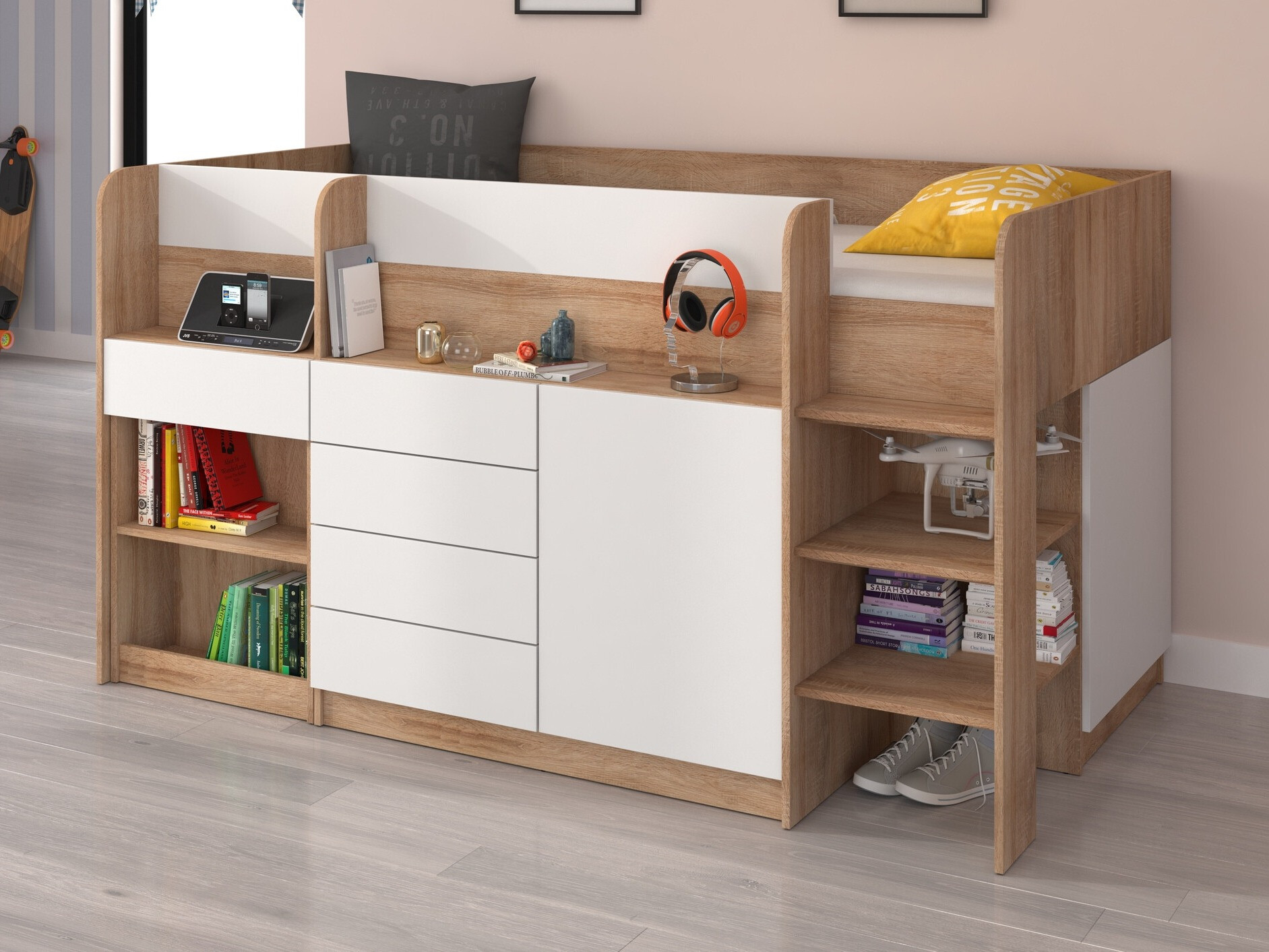 Letto alto Gilroy 116 (Sonoma quercia + Bianco)