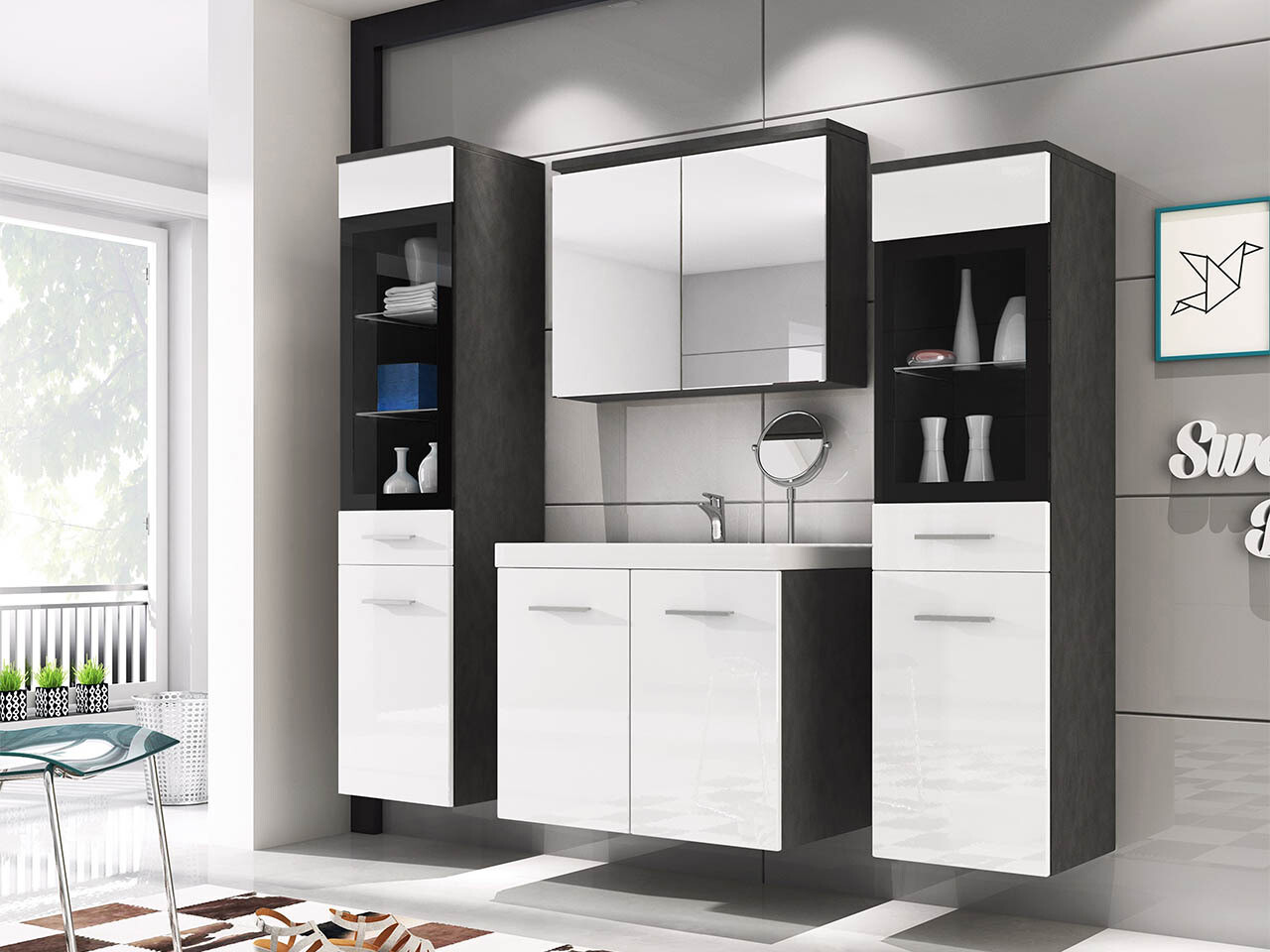 Set bagno Scientia III (Bianco lucido + Matera grigio)