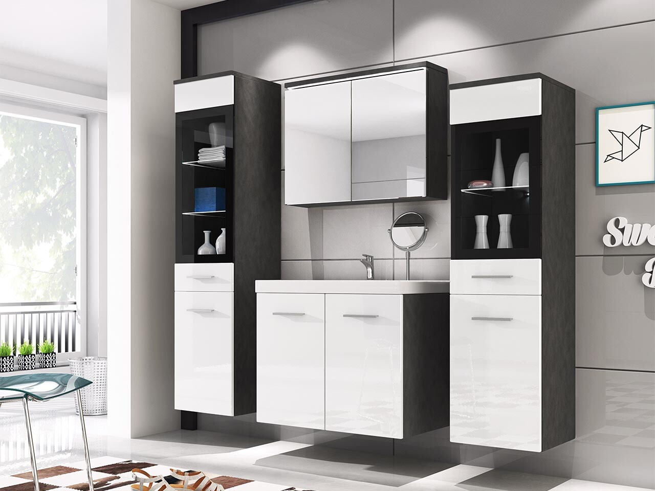 Set bagno Scientia III (Bianco lucido + Matera grigio)