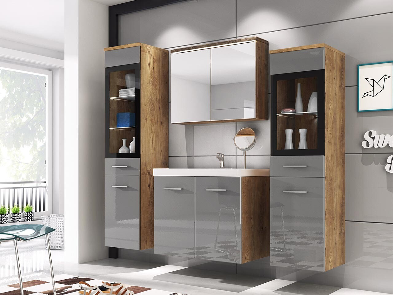 Set bagno Scientia III (Grigio lucido + Castagna)